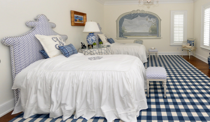 Spunky polka dots on twin headboards in a children's room – white and/or blue bedding will always match well. Look by our interior designer Polly McKenna.