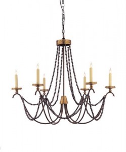 The Marigot chandelier in old brass with brown bead trim