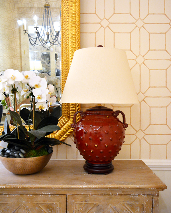 Red ceramic hobnail vase with wood base and Italian parchment shade. Was $395, now $316 during sale.