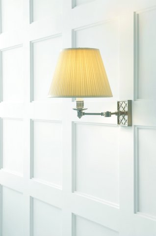 Swing arm wall lamp in polished nickel with silk shade. Was $475, now only $380 during sale.
