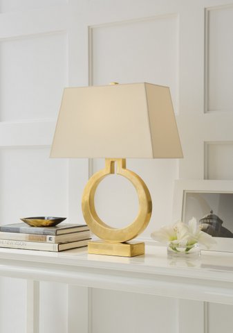 Ring table lamp in antique-burnished brass with natural paper shade. Was $700, now only $560 during sale.