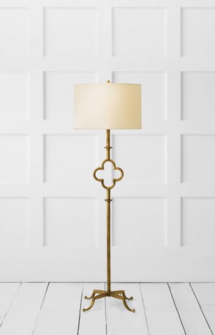 Quatrefoil floor lamp in gilded iron with linen shade. Was $750, now only $600 during sale.