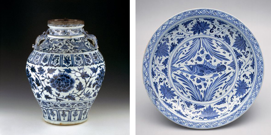 Yuan Dynasty Blue and White Wine Jar, image from British Museum; Plate image from the Met Museum