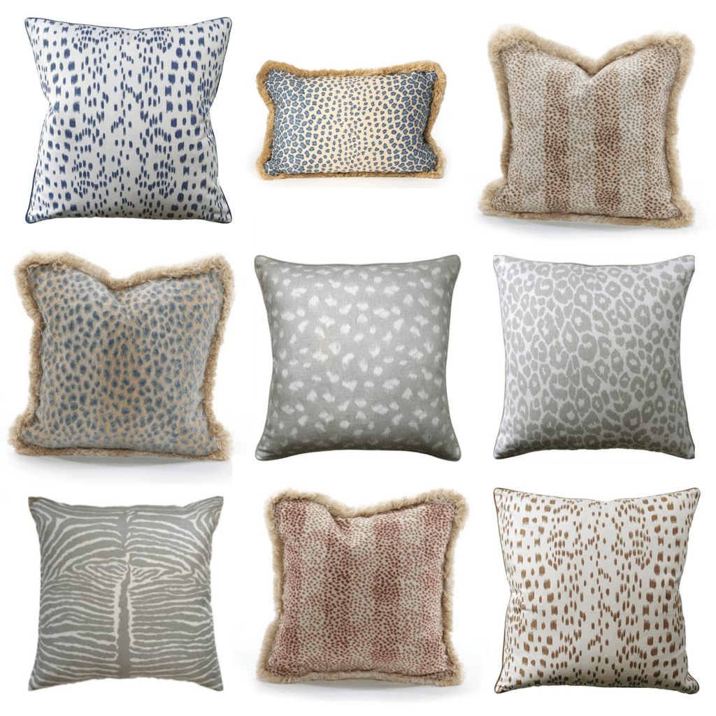 A sample of animal print pillows available at The Kellogg Collection.